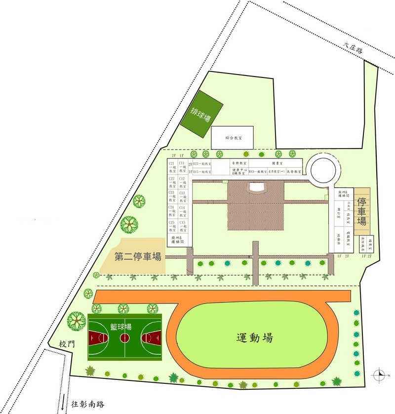 呈現學校平面圖,包含校舍﹑球場﹑停車場等位置